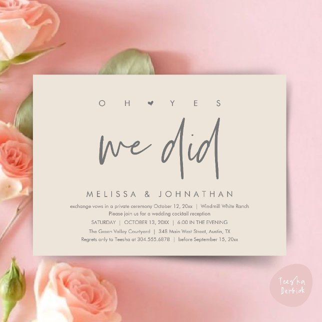 Invitation Oh oui, on l'a fait, soirée de mariage (Oh yes we did, Modern Wedding Reception Dinner Dancing Minimalist Invitation Card PDF Cream Grey)