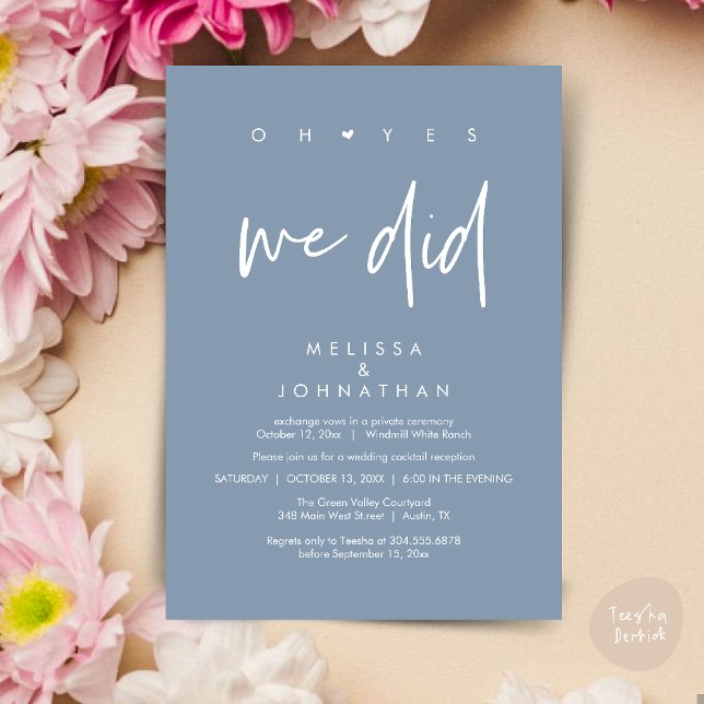 Invitation Oh oui, on l'a fait, soirée de mariage (Oh yes we did, Modern Wedding Reception Dinner Dancing Minimalist Invitation Card PDF Dusty Blue)