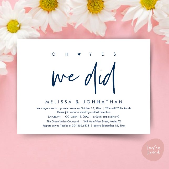 Invitation Oh oui, on l'a fait, soirée de mariage (Oh yes we did, Modern Wedding Reception Dinner Dancing Minimalist Invitation Card PDF Navy Blue)