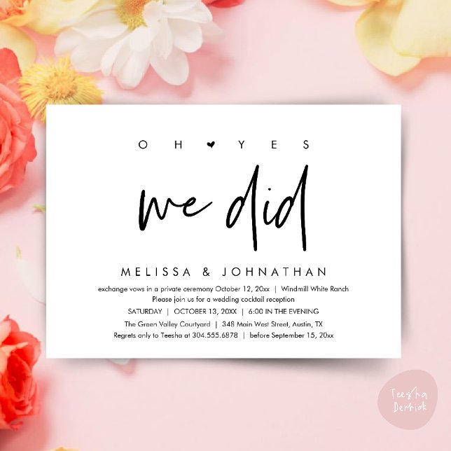 Invitation Oh oui, on l'a fait, soirée de mariage (Oh yes we did, Modern Wedding Reception Dinner Dancing Minimalist Invitation Card PDF Black White)