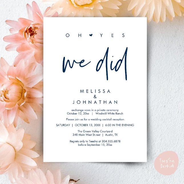 Invitation Oh oui, on l'a fait, soirée de mariage (Oh yes we did, Modern Wedding Reception Dinner Dancing Minimalist Invitation Card PDF Navy Blue)