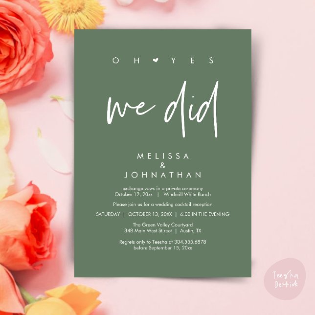 Invitation Oh oui, on l'a fait, soirée de mariage (Oh yes we did, Modern Wedding Reception Dinner Dancing Minimalist Invitation Card PDF Sage Green)