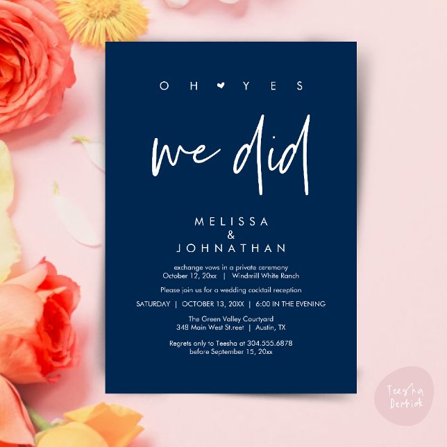Invitation Oh oui, on l'a fait, soirée de mariage (Oh yes we did, Modern Wedding Reception Dinner Dancing Minimalist Invitation Card PDF Navy Blue)