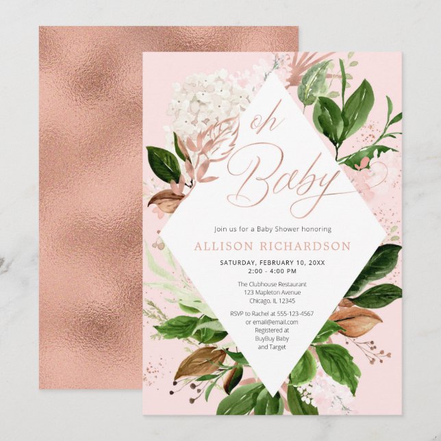 Invitation Oh petite fille baby shower rose vert or feuilles (Devant / Derrière)