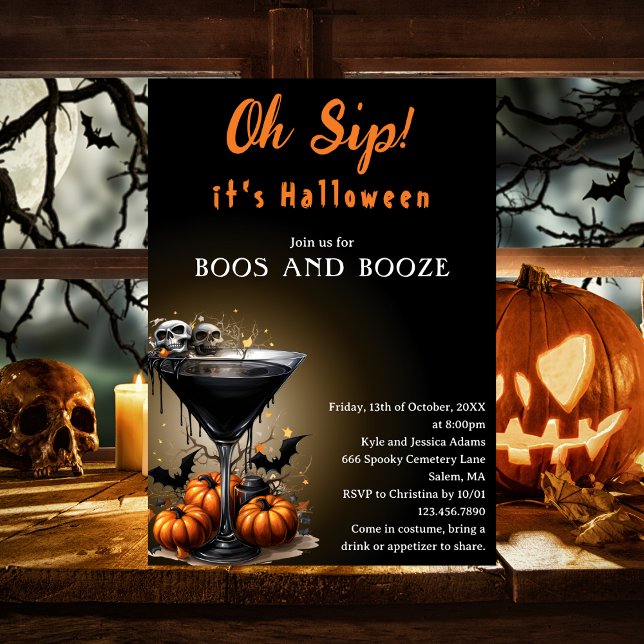 Invitation Oh Sip Black Martini Boos & Booze Soirée d'Hallowe (Créateur téléchargé)