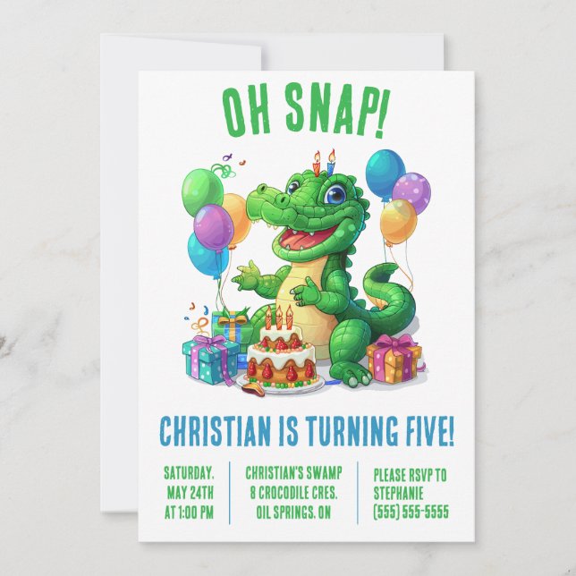 Invitation Oh, Snap ! Alligator avec ballons fête d'anniversa (Devant)