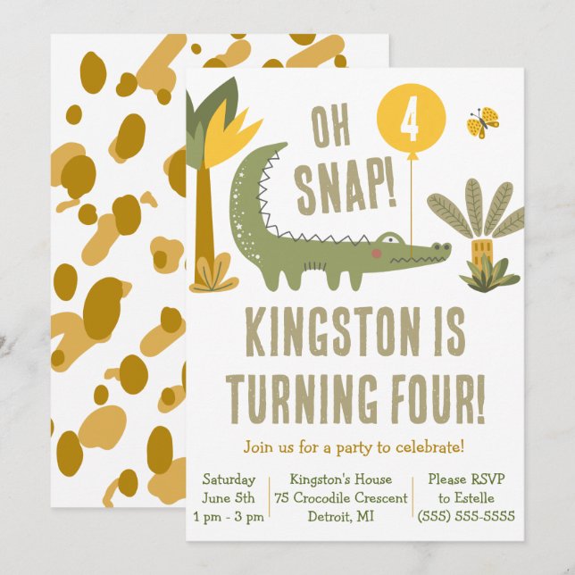 Invitation Oh, Snap ! Alligator, Crocodile, Anniversaire des  (Devant / Derrière)