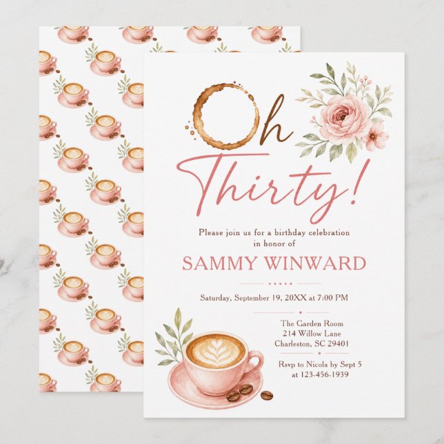 Invitation Oh Thirty Coffee Floral 30e Anniversaire (Devant / Derrière)