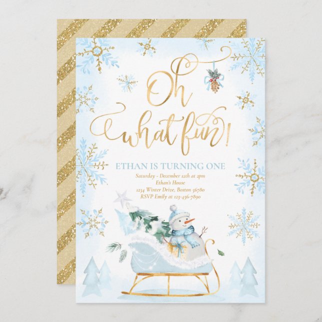 Invitation Oh What Fun Blue & Gold Winter Sleigh Anniversaire (Devant / Derrière)