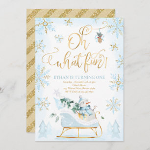 Invitation Oh What Fun Blue & Gold Winter Sleigh Anniversaire