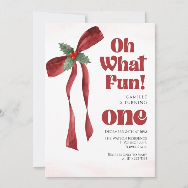 Invitation Oh what fun Bow christmas girl birthday  (Devant)