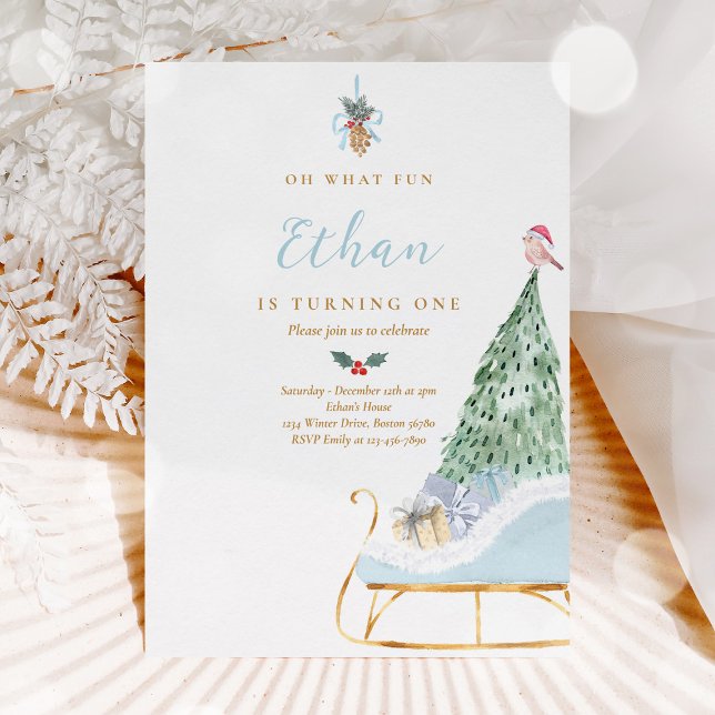 Invitation Oh What Fun Boy Winter Sleigh 1st Birthday Party (Créateur téléchargé)