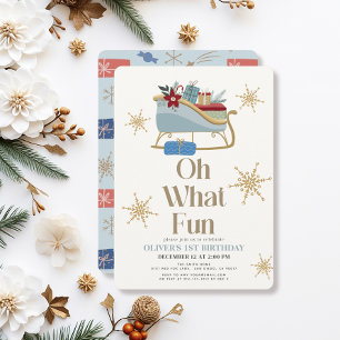 Invitation Oh What Fun Christmas Blue Sleigh 1er Anniversaire