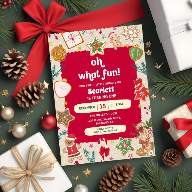 Invitation Oh What Fun Christmas Cookies 1st Birthday Party (Oh what a fun Christmas Gingerbread cookie 1st birthday party invitation)