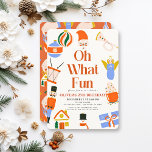 Invitation Oh What Fun Christmas Holiday Anniversaire de l'en<br><div class="desc">Cette mignonne invitation d'anniversaire "oh ce qui est amusant" met en vedette un arrière - plan de crème avec le Père Noël, un bonhomme de neige, un casse-noix, un ange, une trompette, un tambour et des ornements de vacances. L'envers est orné d'un arrière - plan rouge avec des motifs ornementaux....</div>