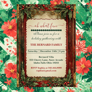 Invitation Oh What Fun Christmas Holly Vintage Shabby Chic