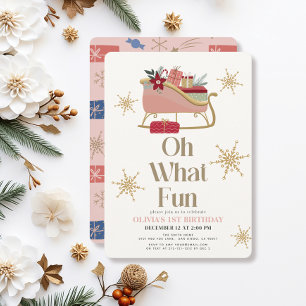 Invitation Oh What Fun Christmas Pink Sleigh 1er Anniversaire