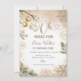 Invitation Oh What Fun Gold Snowflakes Noël 1er anniversaire