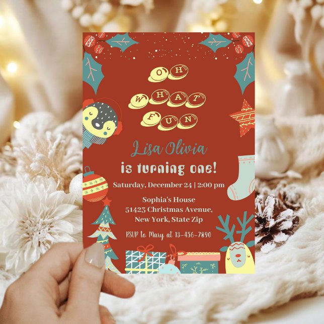 Invitation Oh What Fun Holiday Noël 1er anniversaire fête (Créateur téléchargé)