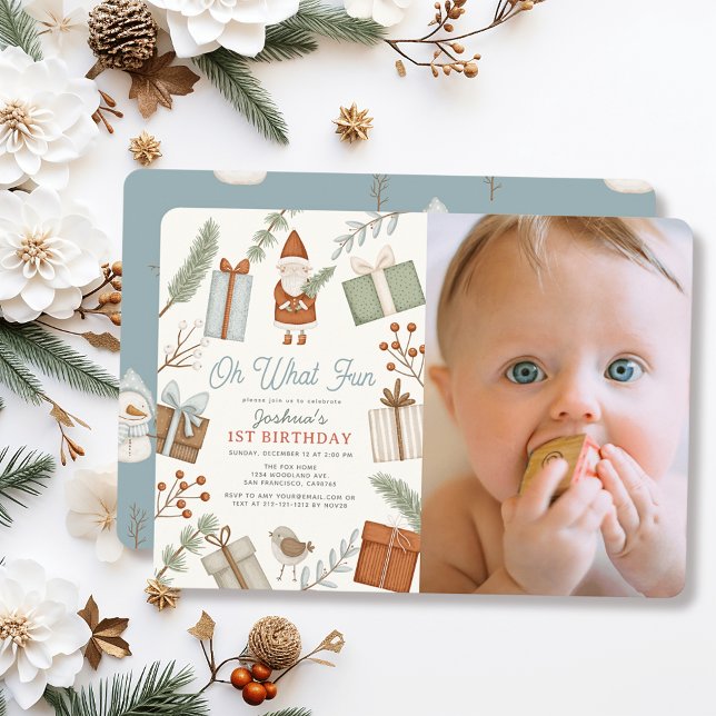 Invitation Oh What Fun Père Noël Holiday Boy 1st Birthday Pho (Créateur téléchargé)