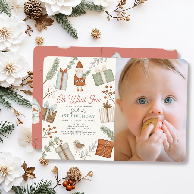 Invitation Oh What Fun Père Noël Holiday Girl 1st Birthday Ph (Créateur téléchargé)