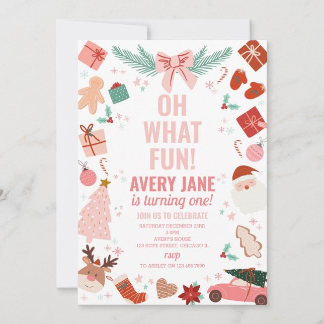 Invitation Oh What Fun Pink Noël Hiver 1er anniversaire (Devant)