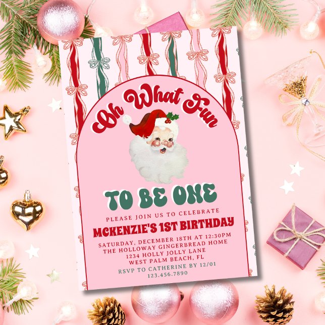 Invitation Oh What Fun Pink Santa Christmas First Birthday (Créateur téléchargé)