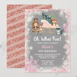 Invitation Oh What Fun Pink Sleigh bois animal Anniversaire