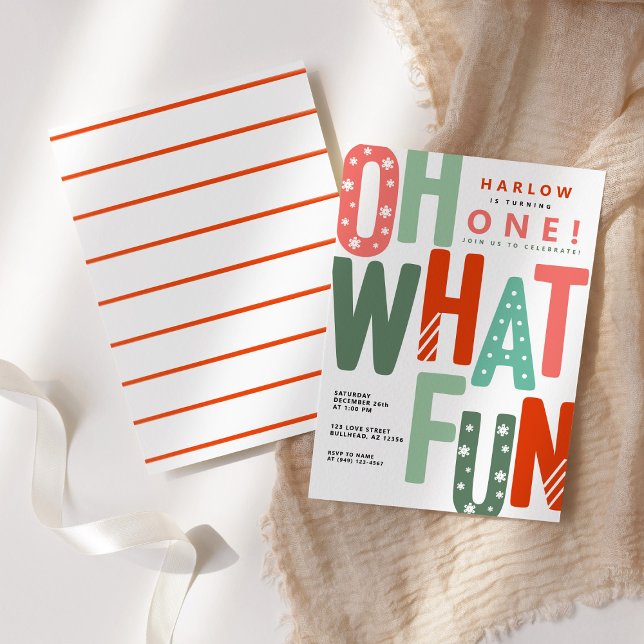 Invitation Oh What Fun Retro Coloré Noël 1er anniversaire (Créateur téléchargé)