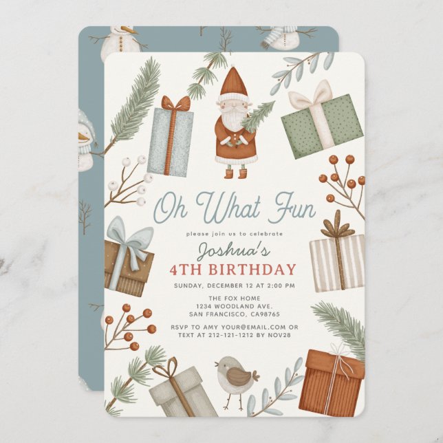 Invitation Oh What Fun Santa Claus Holiday Boy Anniversaire (Devant / Derrière)