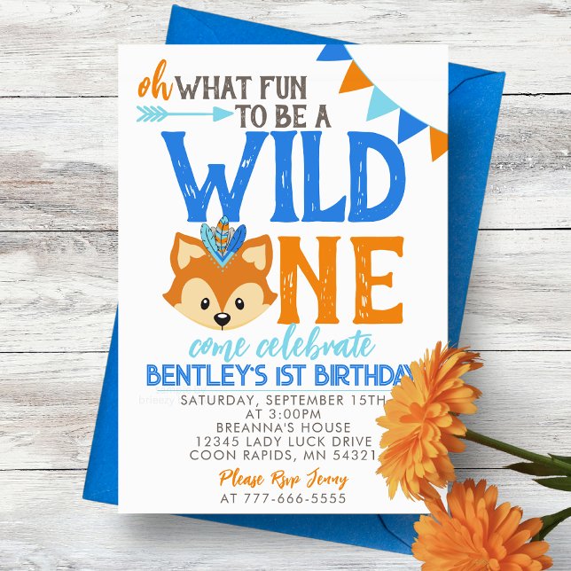 Invitation Oh What Fun to be Wild One Fox 1st Birthday (What Fun to be a Wild One Tribal Fox1st Birthday Invitations. Available printed or digital download)