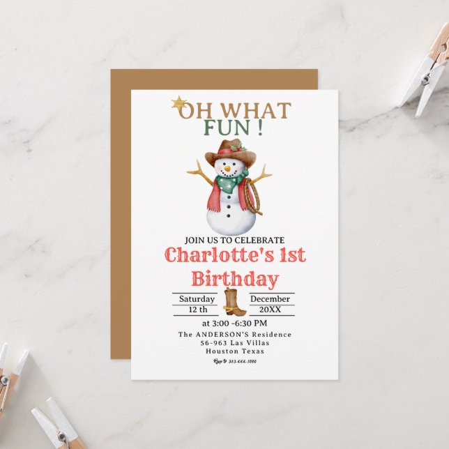 Invitation Oh What Fun Western Cowboy Noël 1er anniversaire (Devant/Arrière en situation)