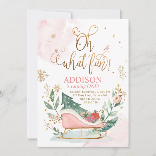 Invitation Oh What Fun Winter Sleigh 1er Anniversaire Invitat (Devant)