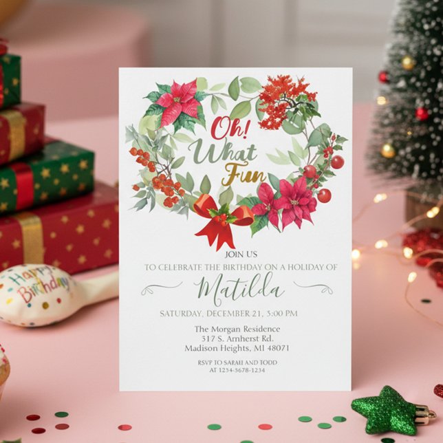 Invitation Oh What Fun Wreath Christmas Birthday Party  Invit (Créateur téléchargé)
