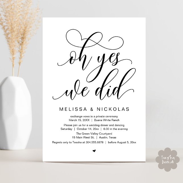 Invitation Oh Yes, We Did, Romantic Wedding Elopement Party (Oh Yes, We Did, Romantic Modern Script Wedding Elopement Party Invitation Card PDF White Black)