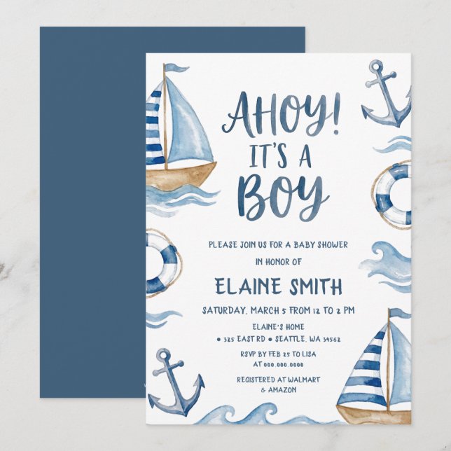 Invitation Ohé C'est un Garçon Thème Marin Plage Baby Shower  (Devant / Derrière)