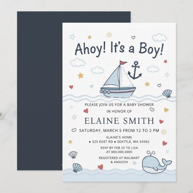 Invitation Ohé C'est un Garçon Thème Marin Plage Baby Shower  (Devant / Derrière)