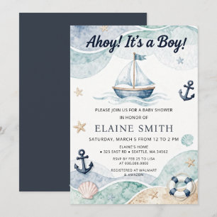 Invitation Ohé C'est un Garçon Thème Marin Plage Baby Shower