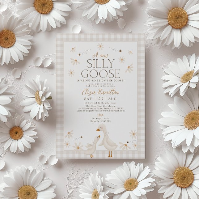 Invitation Oie bête sur le Baby shower perdu En vichy beige (A new silly goose is about to be on the loose! Beige Gingham Goose Gender Neutral Baby Shower)
