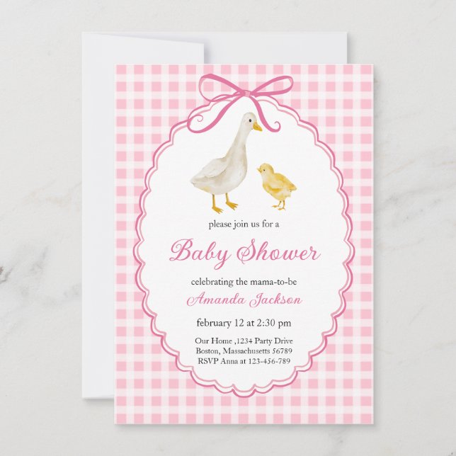 Invitation Oie et Baby shower Gosling, mère de printemps rose (Devant)