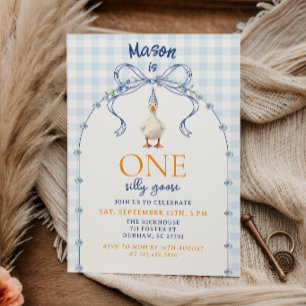 Invitation Oie Folle en Vichy Bleu pour Premier Anniversaire