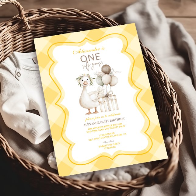 Invitation Oie Ridicule 1er Anniversaire Gingham Jaune (Créateur téléchargé)