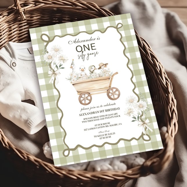 Invitation Oie Ridicule 1er Anniversaire Gingham Vert (Créateur téléchargé)