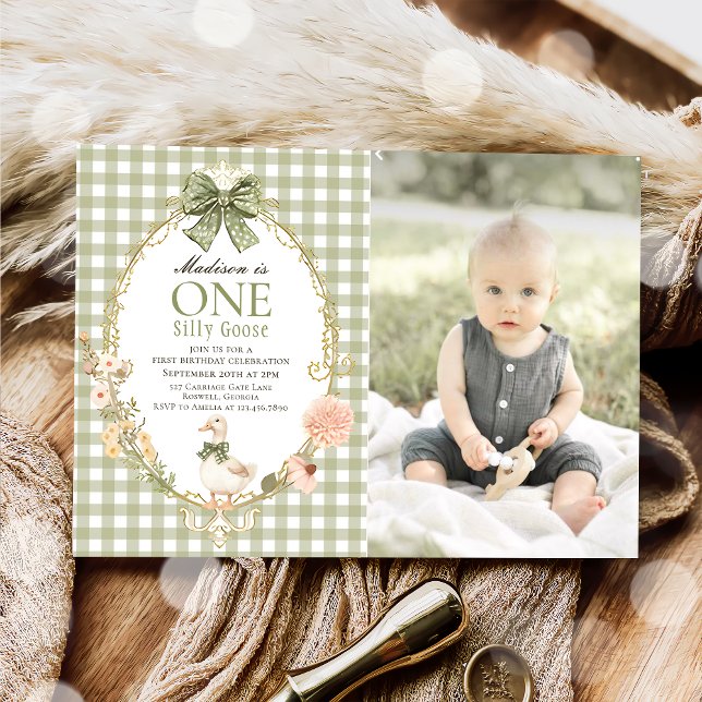 Invitation Oie Ridicule Floral Vert Gingham 1er Anniversaire (Créateur téléchargé)