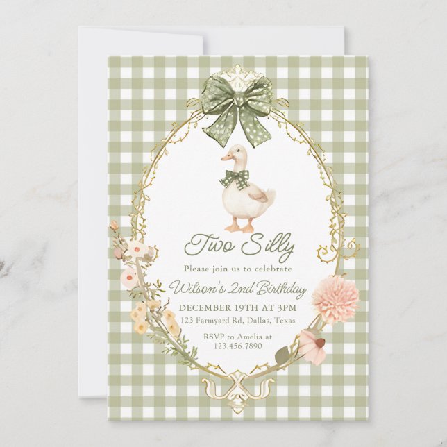 Invitation Oie Silly Gingham Verte 2e Anniversaire (Devant)