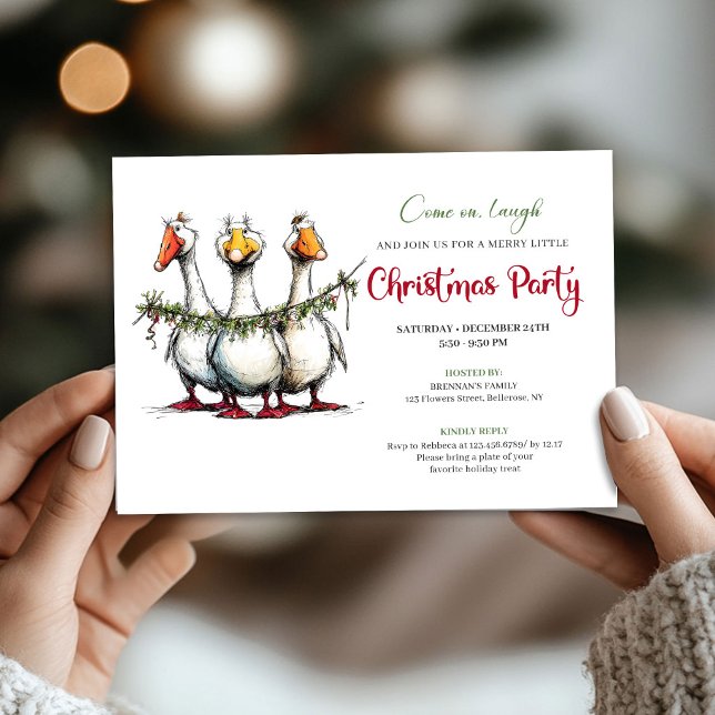 Invitation Oies Enjouées de Noël Aquarelle Drôle Fête (Christmas Playful Geese Funny Watercolor Party Invite)