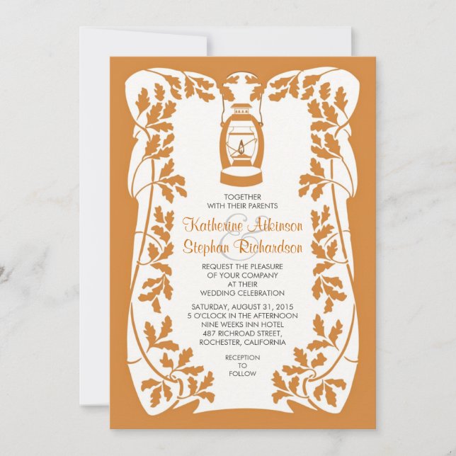 Invitation Oil Lantern and Oak Tree Leaves Wedding Invite (Devant)