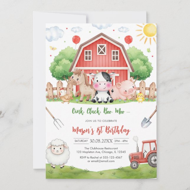 Invitation Oink Baa Quack Moo Farm Animals Birthday (Devant)