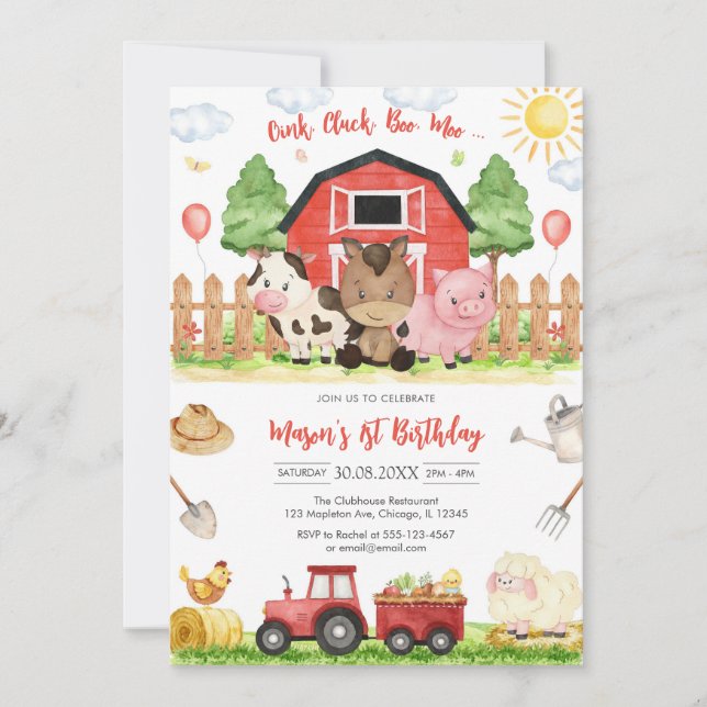Invitation Oink Baa Quack Moo Farm Animals Birthday (Devant)