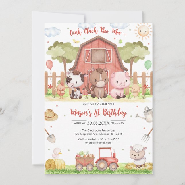 Invitation Oink Baa Quack Moo Farm Animals Birthday (Devant)